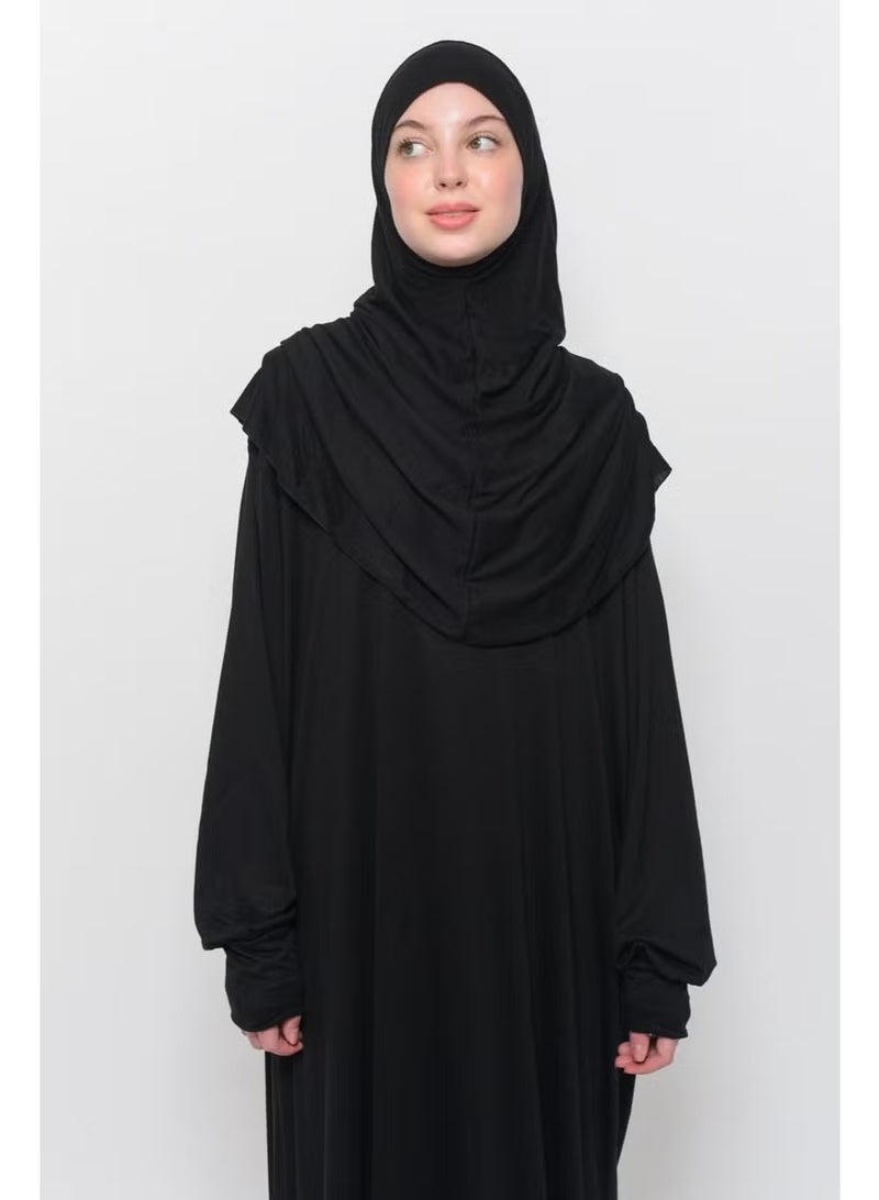 Altobeh Practical One Piece Cotton Bat Sleeves Removable Organic Hijab Prayer Dress with Headscarf - Black - Image 4